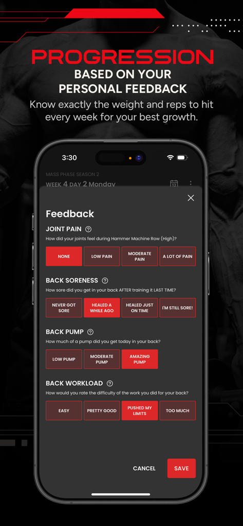 RP Hypertrophy - RP Hypertrophy app feedback screen showing ratings for joint pain, soreness, pump, and workload.