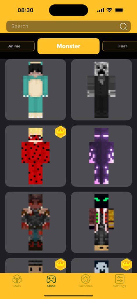 Nova Skins for MCPE - MCPE用Nova Skinsアプリにある、モンスターをテーマにしたMinecraftキャラクタースキンのギャラリー。