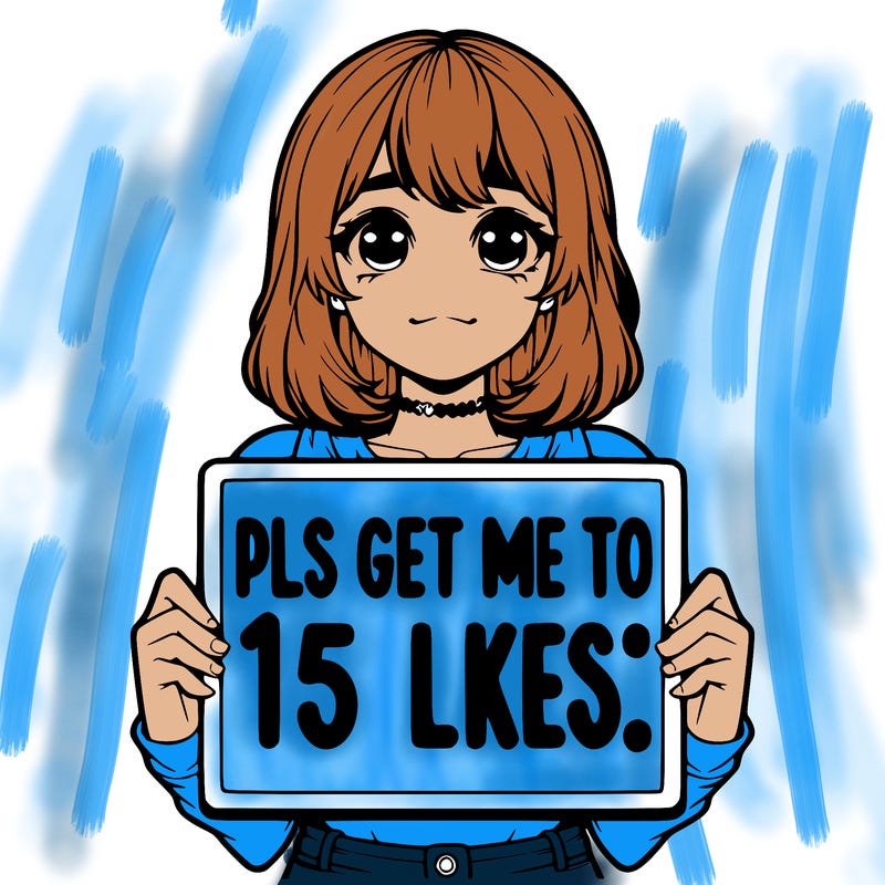 realistic girl holding up a sign that says “pls get me to 15 likes!”