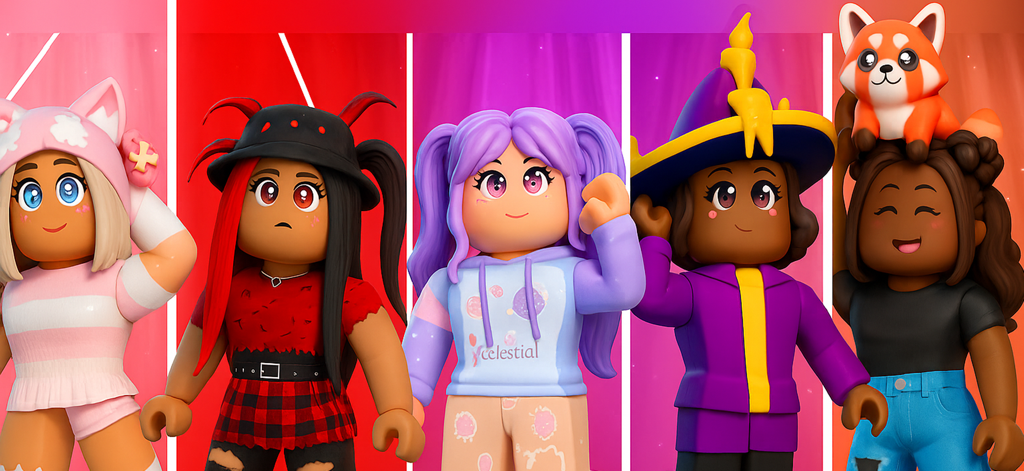 Mods & Skins Studio for Roblox - Cinco personajes diversos de Roblox mostrando diferentes skins y atuendos personalizados.