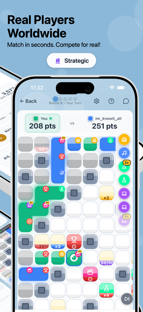 Schermata di gameplay di Trivia Duel Quiz Battle che mostra una scacchiera strategica con punteggi dei giocatori e icone di categoria.
