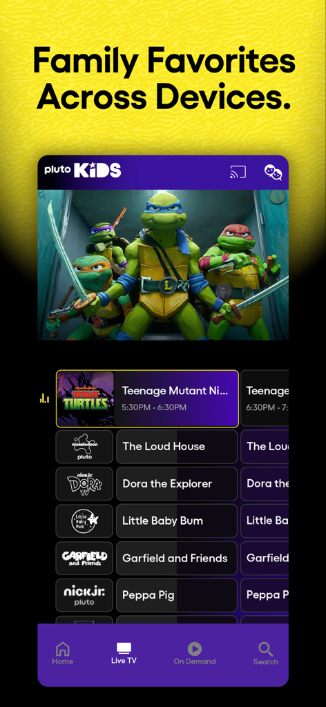 Pluto TVキッズインターフェース。人気のアニメや、ライブファミリーTVガイドが特集されています。