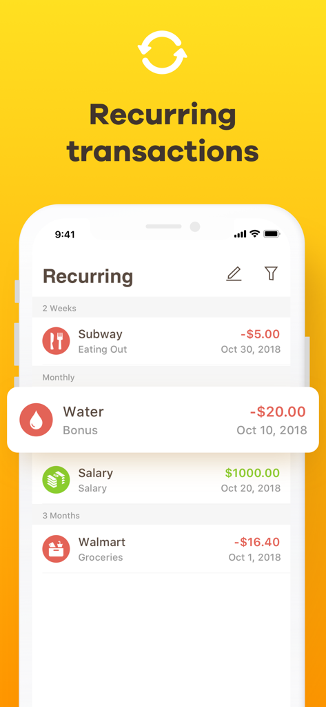 Checkbook - Account Tracker - Une interface mobile affichant une liste de transactions récurrentes comme le salaire et les factures de services publics dans l'application Checkbook.