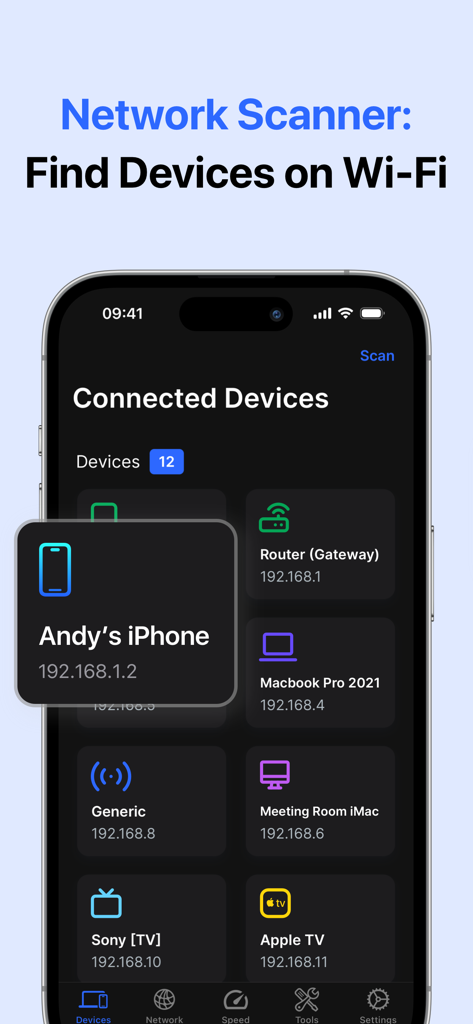 Oberfläche der Netzwerk-Scanner-App, die eine Liste von Geräten anzeigt, die mit einem WLAN-Netzwerk verbunden sind, einschließlich iPhone und MacBook
