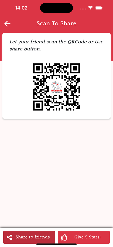 Marriage Point Calculator app screen showing a QR code for sharing results and social sharing buttons