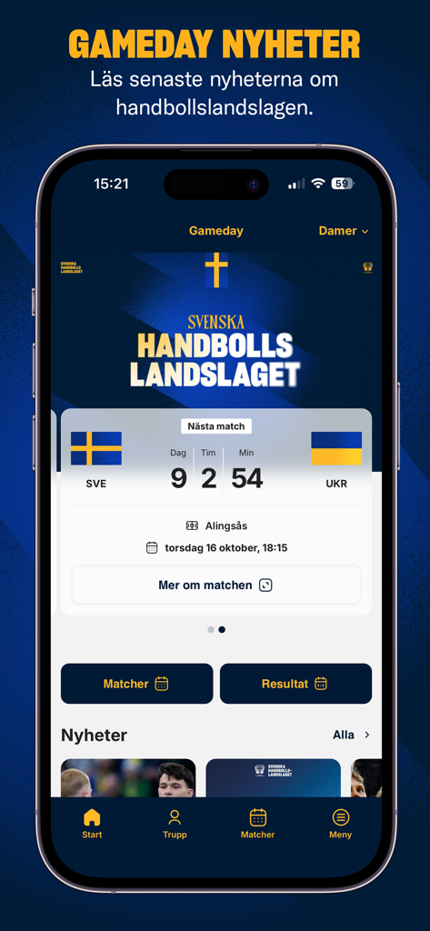 Interface de l'application Svenska Handbollslandslaget montrant un compte à rebours pour le prochain match entre la Suède et l'Ukraine.