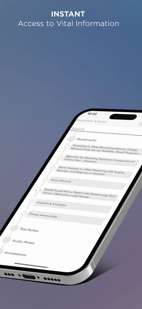Interface showing bookmarks and notes in the CMDT 2025 medical diagnosis and treatment app.