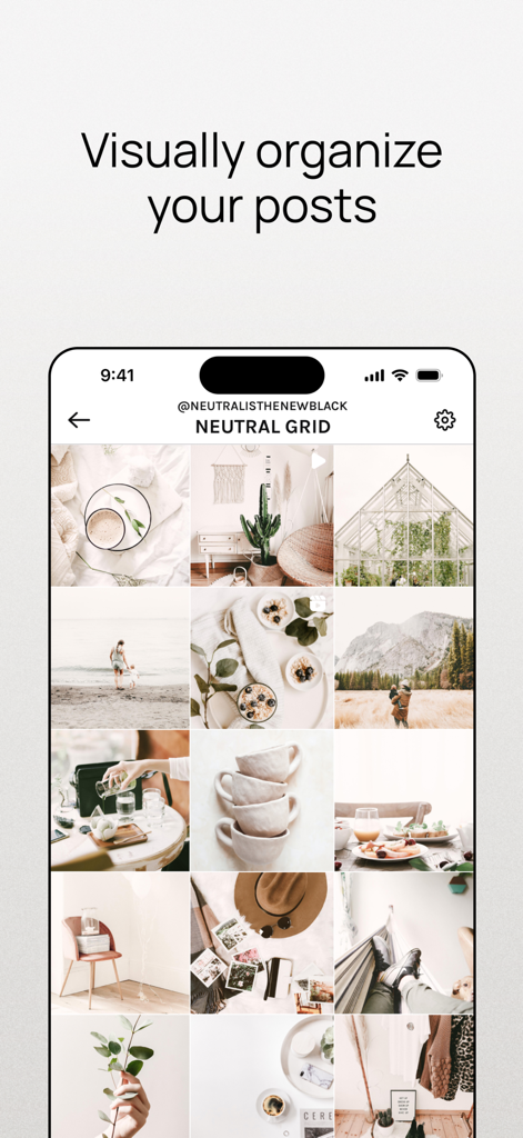 Smartphone screen displaying an aesthetic Instagram grid preview to visually organize posts
