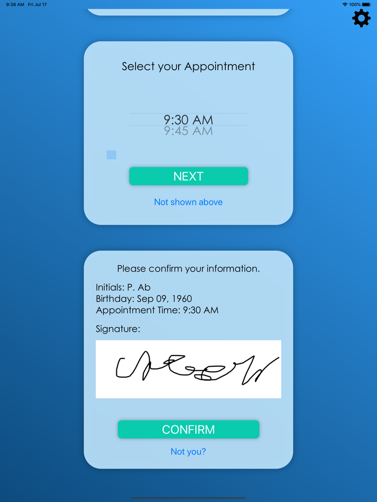 Pantalla del iPad que muestra la selección de citas y la confirmación de la información del paciente con un campo de firma digital