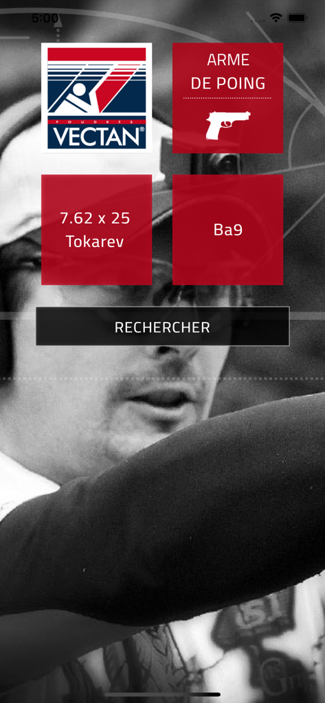 Vectan - Interface de l'application Vectan montrant les options de recherche pour les données de rechargement de munitions pour pistolets, y compris le calibre et le type de poudre