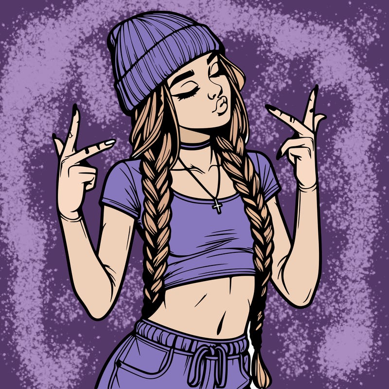 realistic teenage girl with braids and a beanie and crop top doing 🫶🏼
