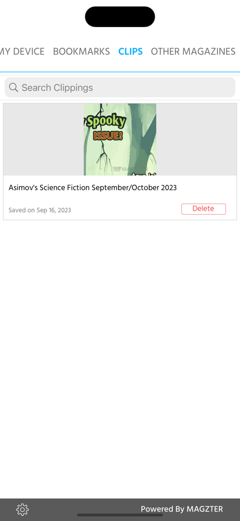 Asimov's Science Fiction - The clips section of the Asimov's Science Fiction mobile app showing a saved magazine entry from 2023.