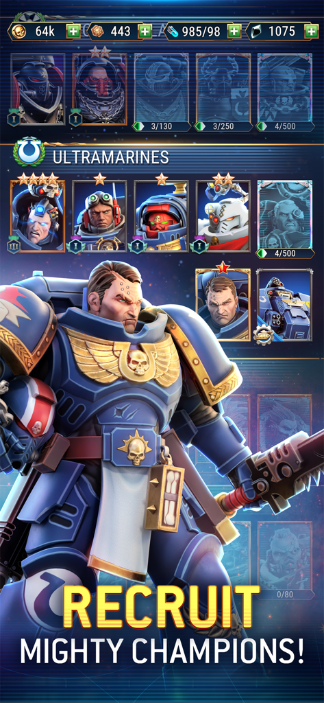 Schermata di reclutamento e collezione personaggi in Warhammer 40000 Tacticus con Ultramarines