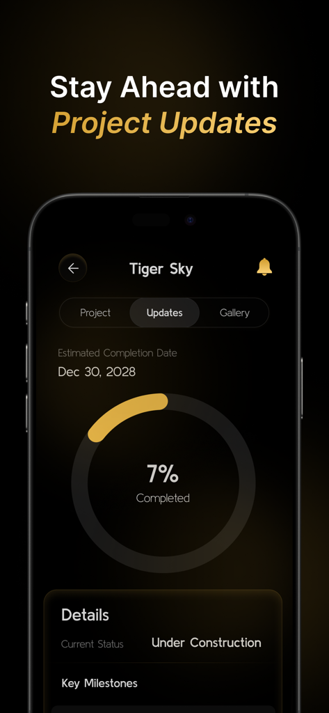 Tiger Plus app interface showing construction updates and completion percentage for a real estate project