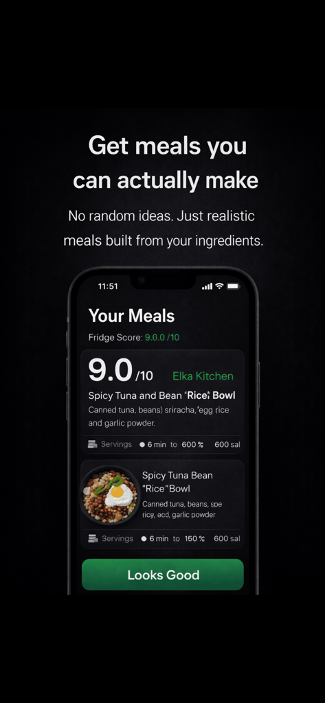MealSnap: Fridge to Meals - Pantalla de la aplicación MealSnap que muestra sugerencias realistas de comidas altas en proteínas y una puntuación de refrigerador