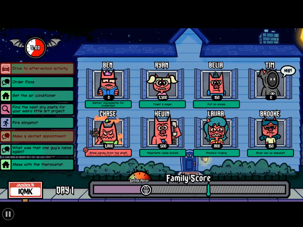 Gameplay de The Devils and the Details dans Jackbox Party Pack 7 montrant une famille de diables dans leur maison.