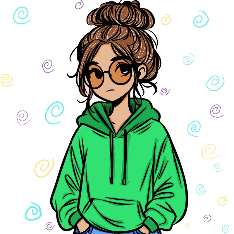 teen girl with a messy bun and glasses wearing a loose hoodie and jeans
