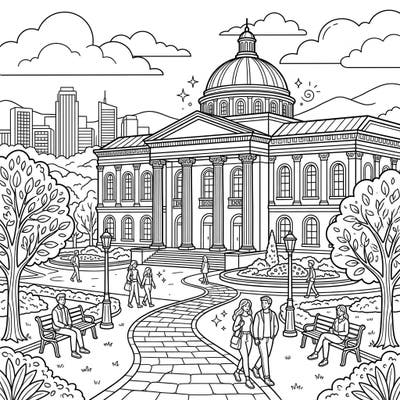 Step into a world of architectural beauty and serene landscapes with this grand Art Museum coloring page. This intricate full scene offers a delightful escape, inviting you to bring vibrant life to its detailed structures and bustling park.