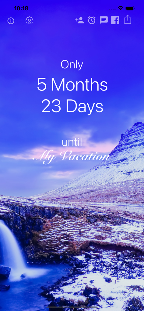 iPhone countdown app showing 5 months and 23 days until vacation with a scenic mountain waterfall background