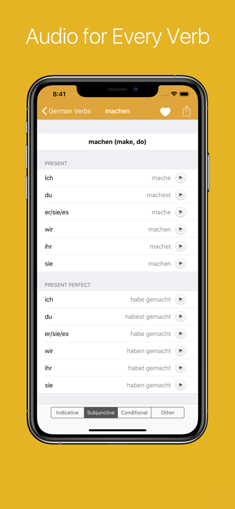 German Verb Conjugator - German Verb Conjugator app interface displaying the conjugation of the verb machen with audio playback icons
