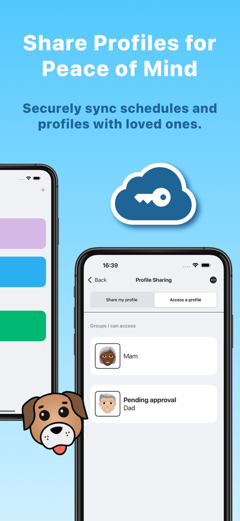Captura de tela do Tablets App mostrando recursos seguros de compartilhamento e sincronização de perfis para gerenciamento de medicação familiar.