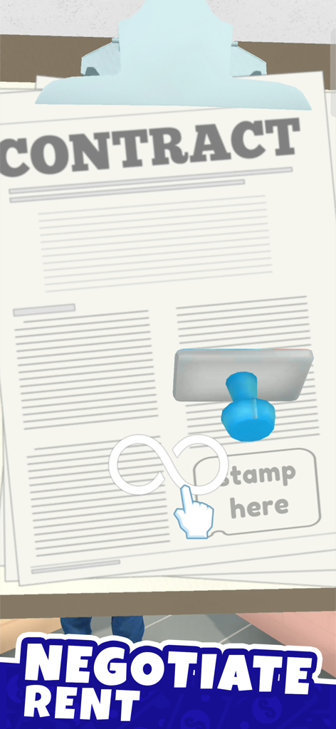 Landlord Simulator - A game screenshot of Landlord Simulator showing a blue stamp being used to sign a rent contract on a clipboard