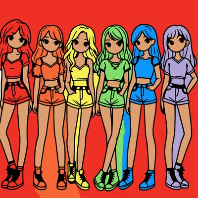 a group of girls wearing crop tops and shorts