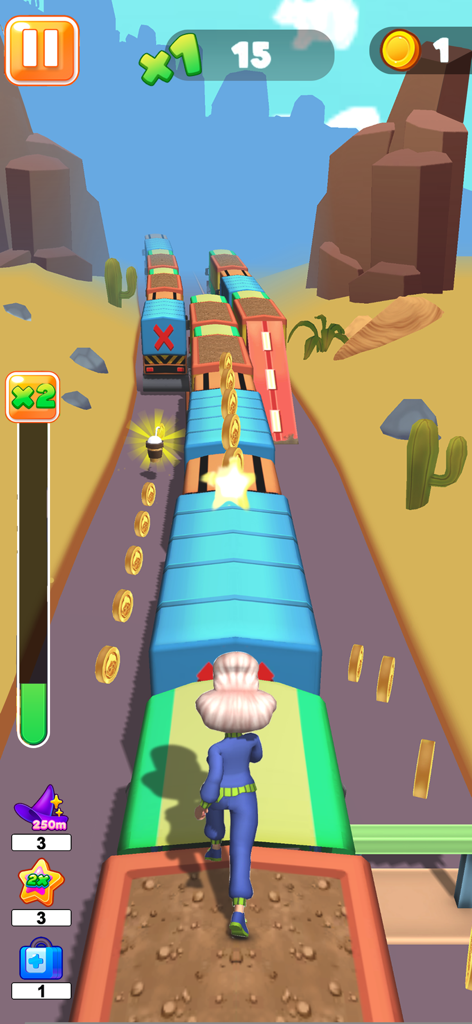 Granny Run 3D runner Game - Granny character running on top of blue trains in a desert canyon environment collecting coins