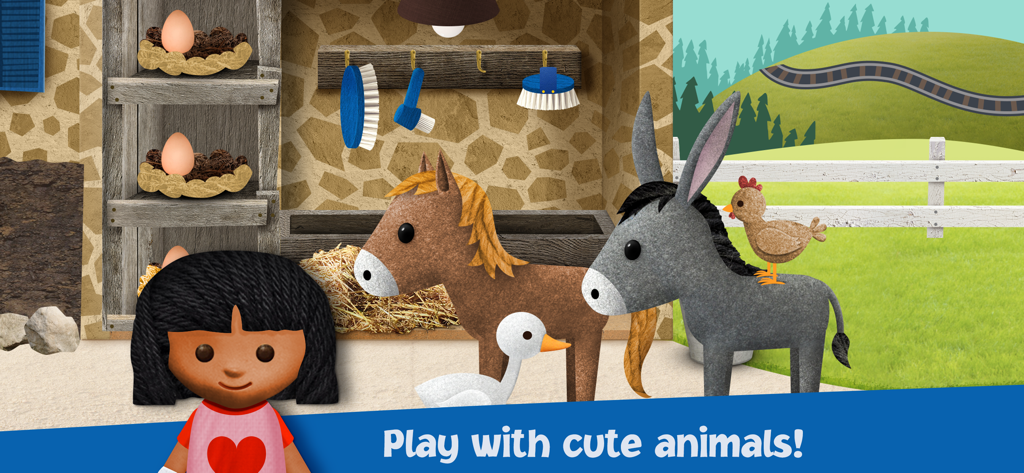 Unser Sandmännchen - Eine bunte Bauernhofszene in der Sandmännchen-App mit einem Pferd, einem Esel und einem Huhn mit dem Text Spiele mit süßen Tieren