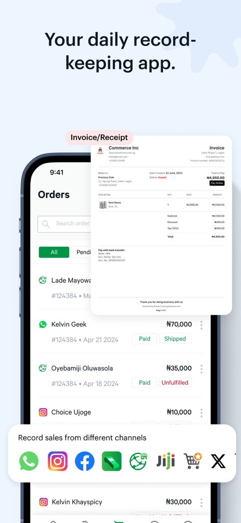Bumpa - Manage Orders Easily - Bumpa-App-Bildschirm mit einer Bestellverwaltungsliste und einer digitalen Rechnung für Inhaber von Social-Commerce-Unternehmen.