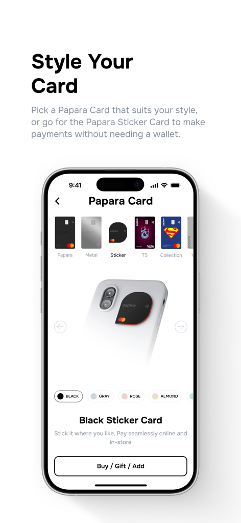 Papara - Interface de l'application Papara montrant différents styles de cartes, y compris la carte autocollante noire.