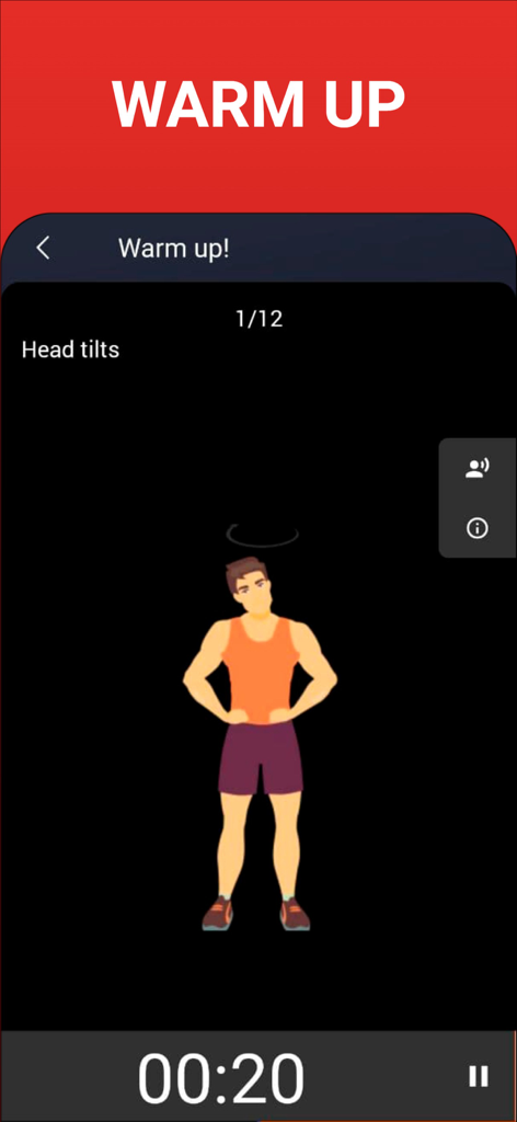 100 Pushups BeStronger Workout - Warm up screen showing head tilt exercise with timer and illustration