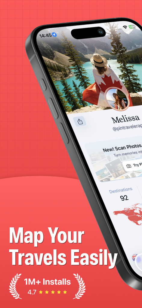 A mobile app screenshot of Pin Traveler showing a user profile with travel statistics and a world map overview.