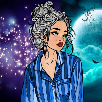 realistic woman with pajamas on and a messy bun