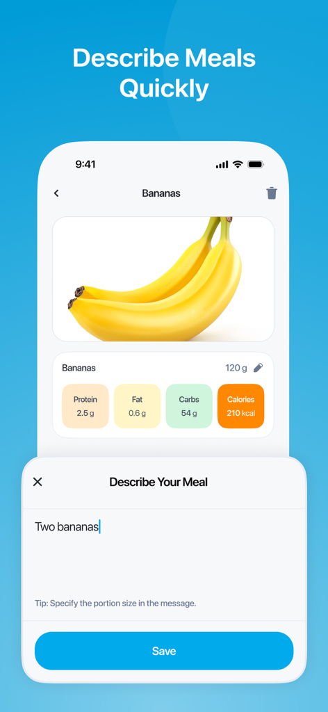 CScore: Calorie & Food Tracker - CScore app interface showing the quick meal description feature to track calories and macros