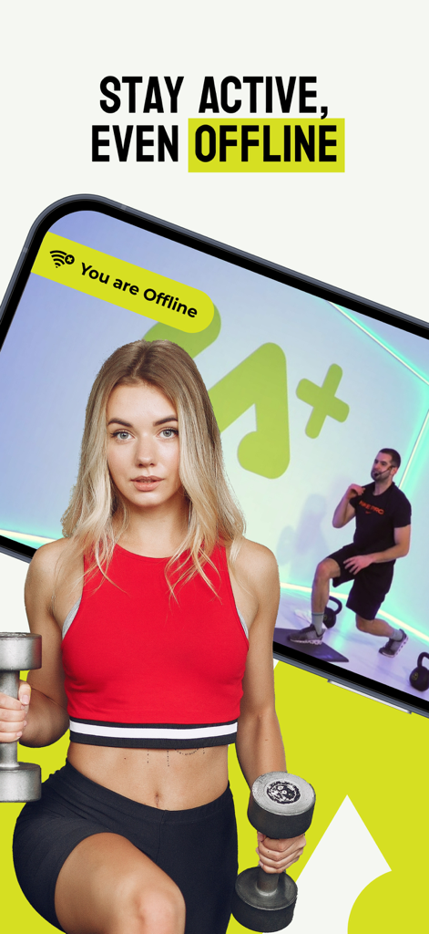 A woman holding dumbbells with a tablet showing the Urban Active plus app offline workout mode.