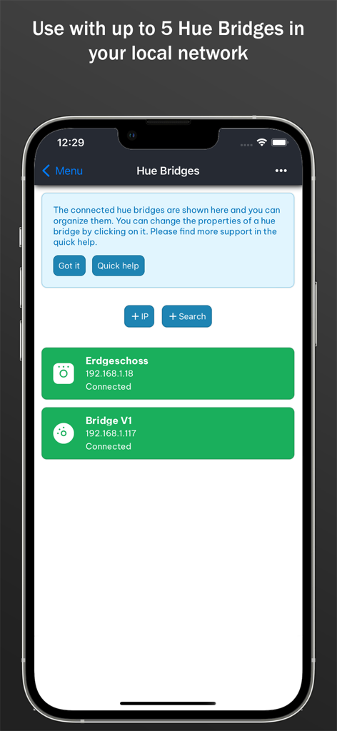 로컬 네트워크에 연결된 여러 개의 Philips Hue 브릿지를 보여주는 all 4 hue 앱의 인터페이스