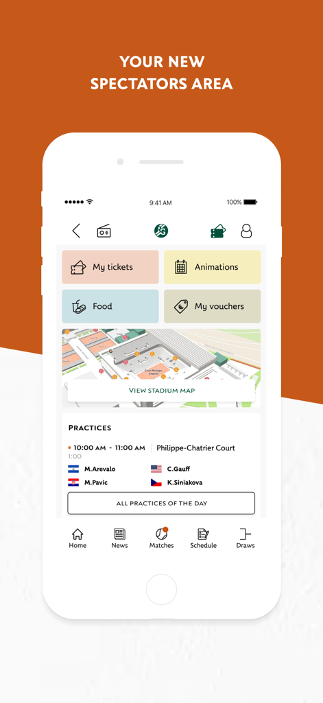 Der Zuschauerbereich der offiziellen Roland Garros App mit Ticketverwaltung, Essensservice, Stadionplan und Spieler-Trainingsplänen
