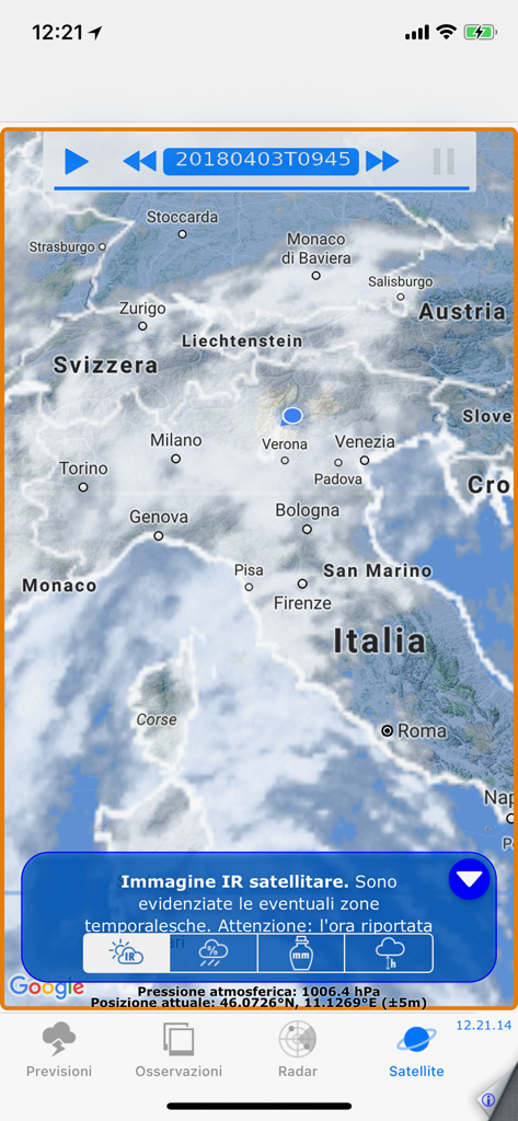 Satellite infrared map showing weather patterns over Italy in the METEO TRENTINO mobile app.