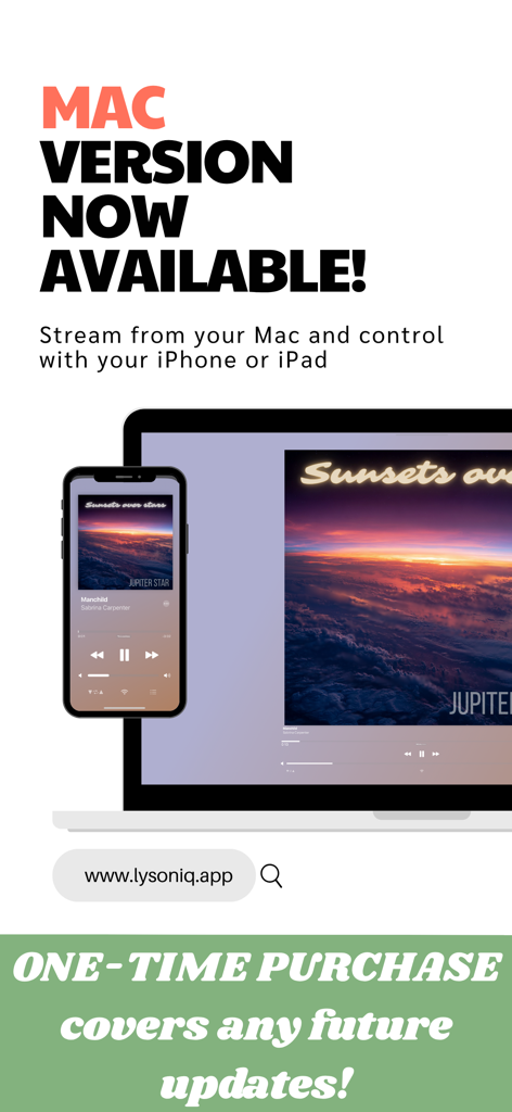 Interfaccia dell'app musicale Lysoniq che mostra il controllo remoto tra un iPhone e un Mac