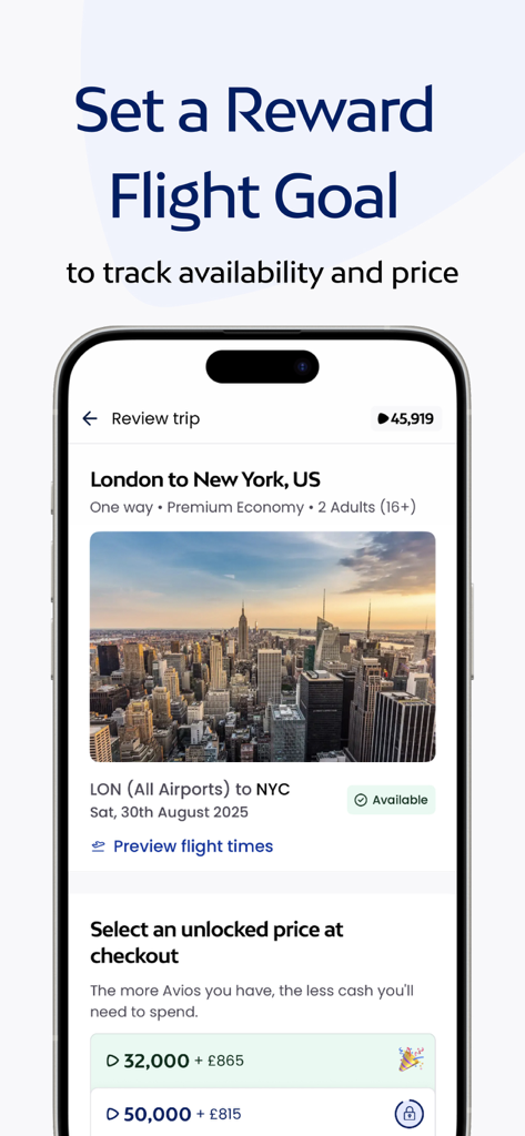 Avios: Shop, Collect & Travel - Aviosアプリの画面で、ロンドンからニューヨークへの特典フライト目標をポイント価格で設定しています