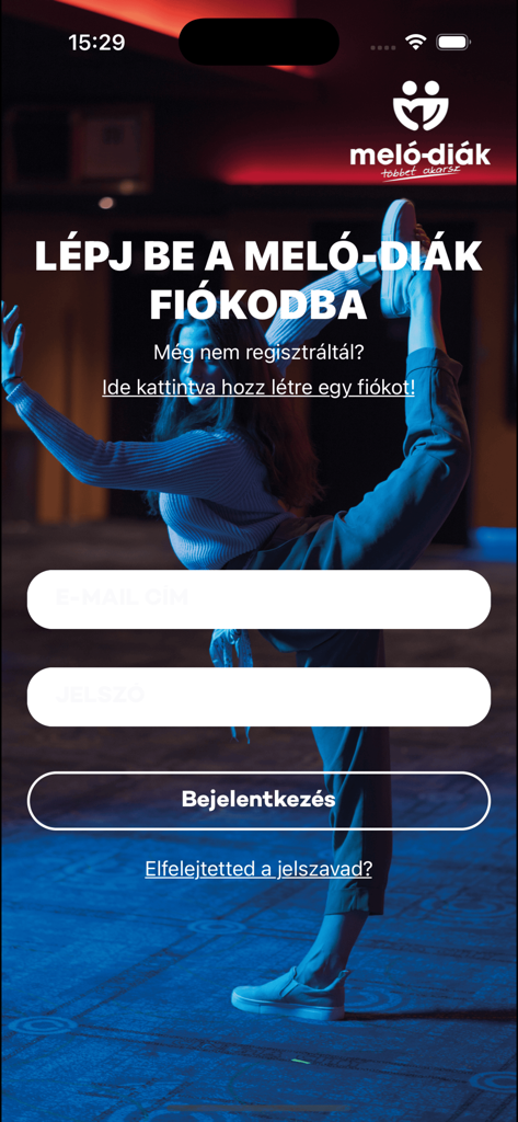 Meló-Diák - Login screen for the Melo-Diak student job matching app featuring a student in the background.