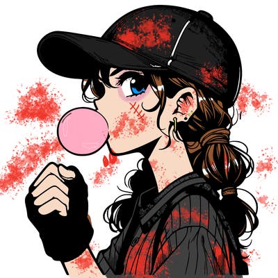 1 detailed manga girl from head to toe wearing a baseball cap blowing bubble gum and wearing a baseball glove while she's putting her fist into the glove