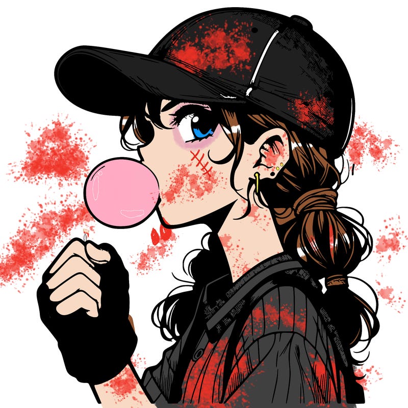 1 detailed manga girl from head to toe wearing a baseball cap blowing bubble gum and wearing a baseball glove while she's putting her fist into the glove