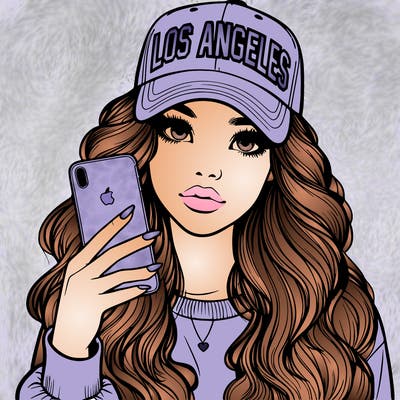 realistic beautiful girl wearing los ángeles cap holding an iphone