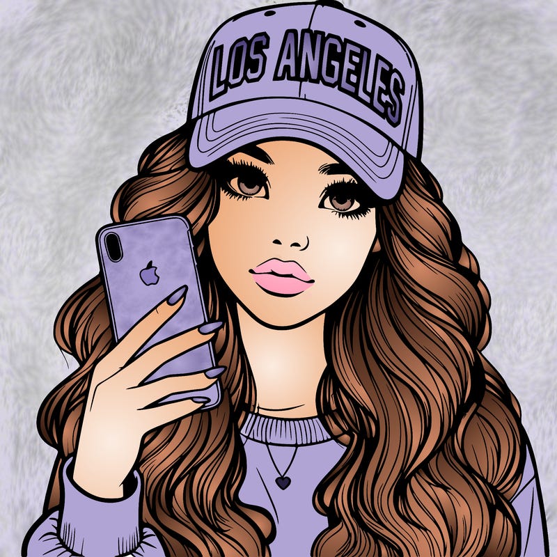 realistic beautiful girl wearing los ángeles cap holding an iphone