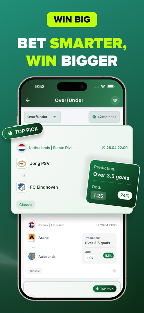 PRO Football Betting Guide - PRO Football Betting Guide app interface displaying over under goal predictions and odds for soccer matches