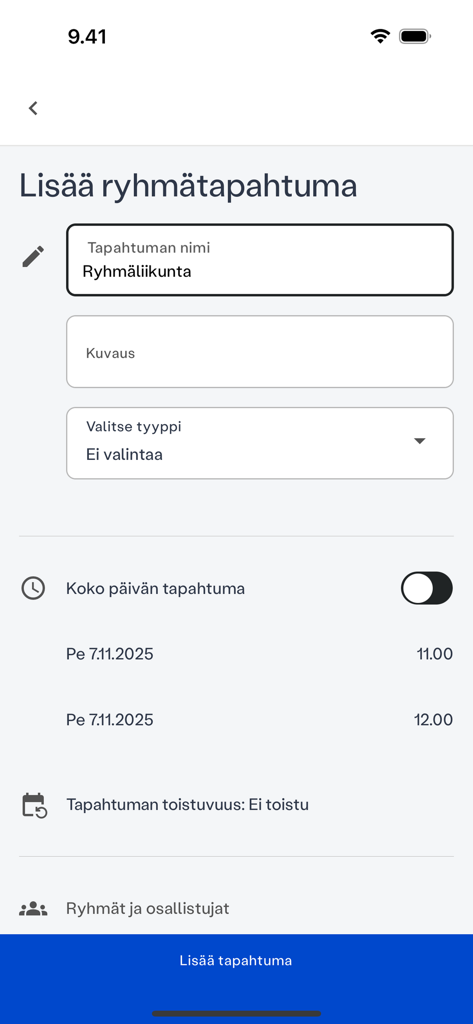 Tela do aplicativo móvel para adicionar um novo evento esportivo em grupo com configurações de data e hora na plataforma MyE.Way
