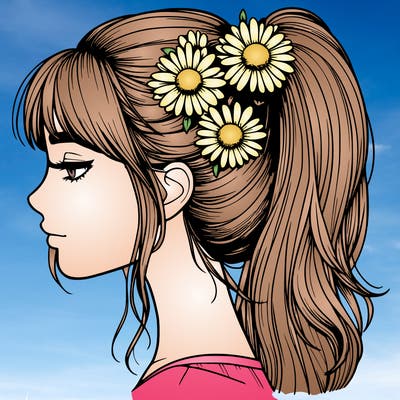 realistic girl with ponytail and daisys in it