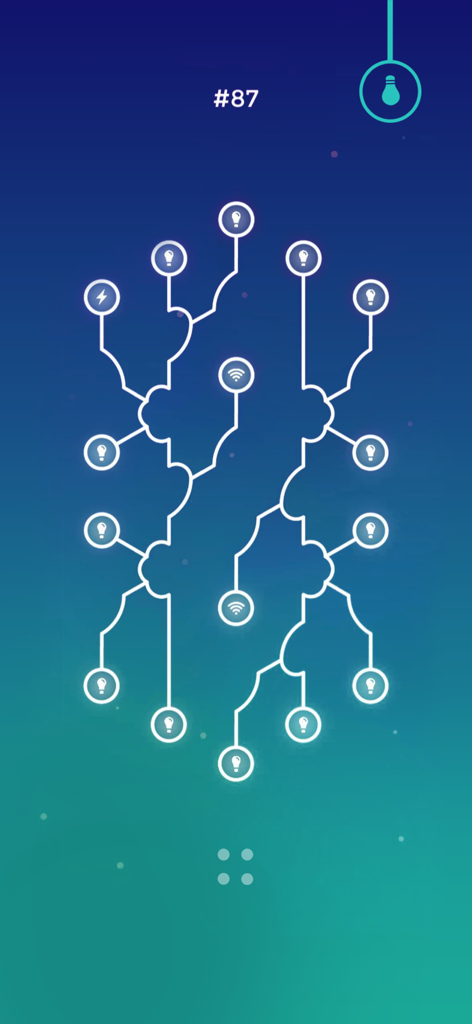 エネルギーアンチストレスループゲームの電球アイコンを備えた光るミニマルな回路パズル。